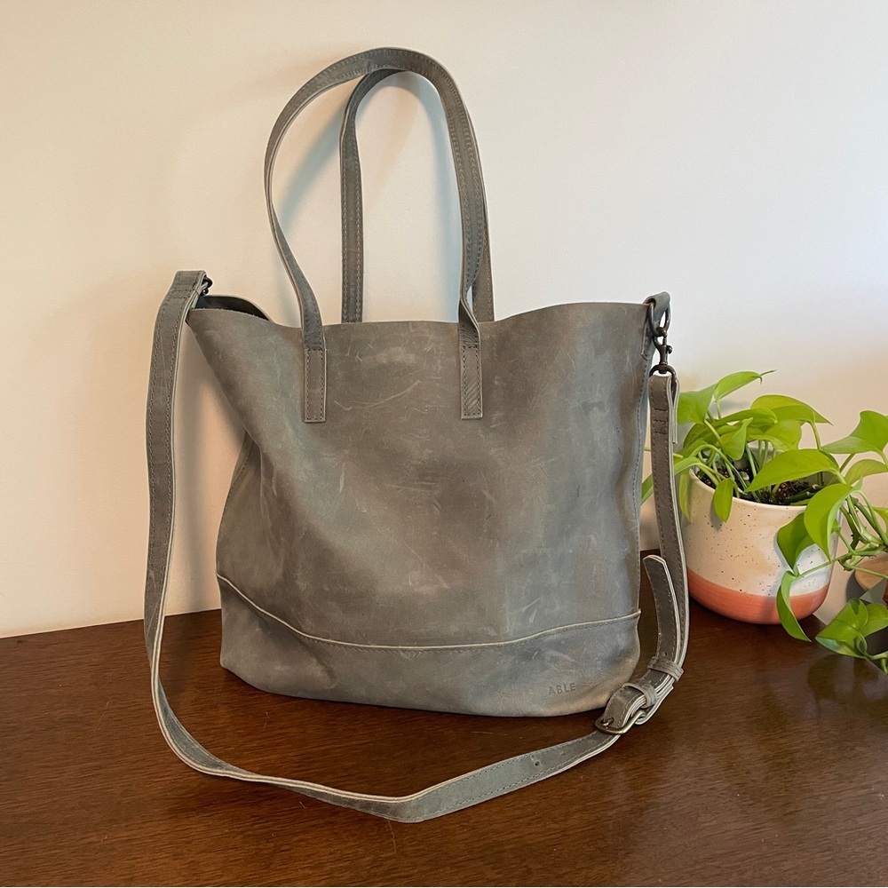 ABLE Abera Raw Leather Crossbody Tote in Denim Blue